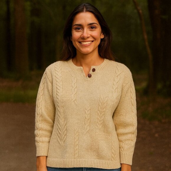 Vintage L.L. Bean Wool Blend Cable Knit Sweater – 2 Button Neck, Cream, Size Lar - Picture 1 of 5